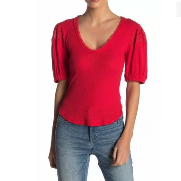 Free People XS St James Red Puff Sleeve Tee top blouse - Picture 2 of 13